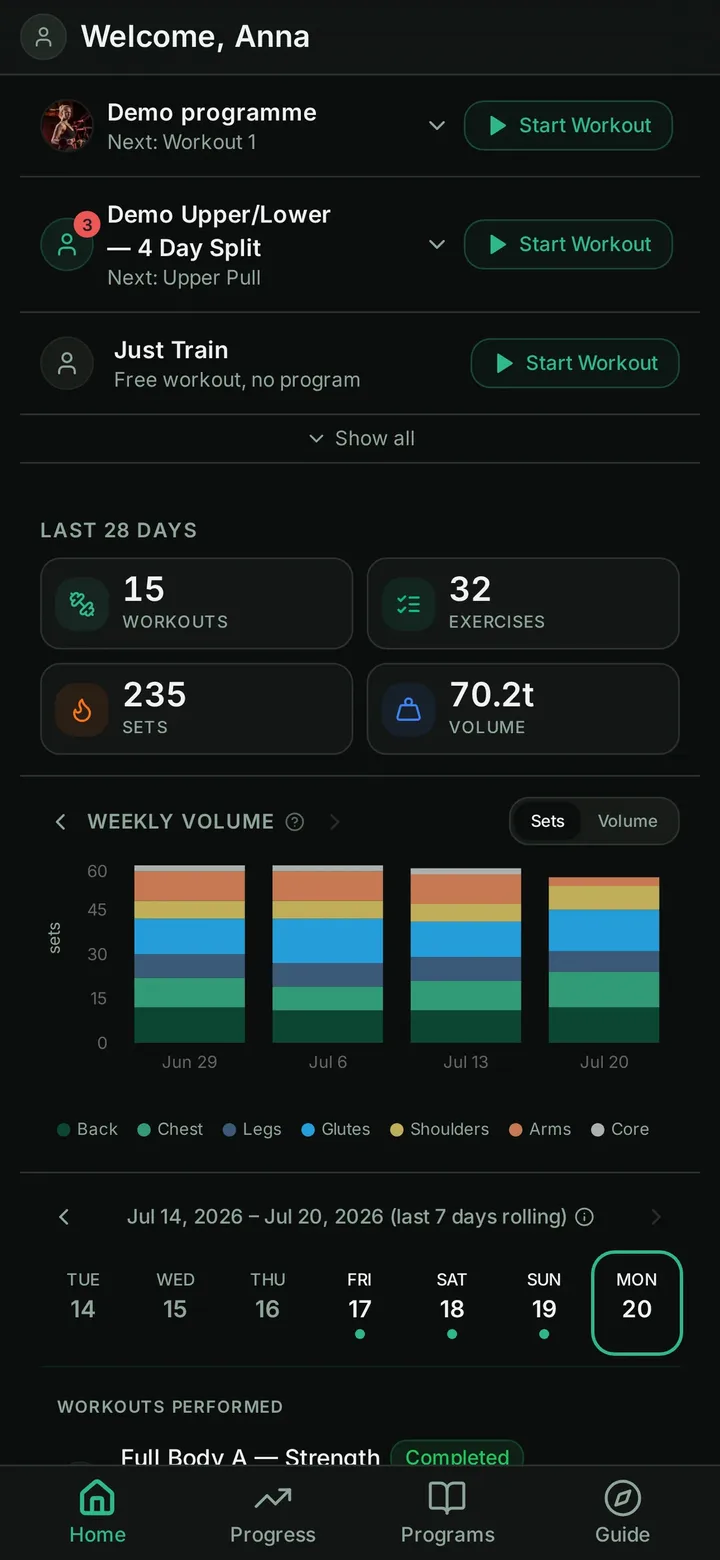 Your training home in IronLog: programs ready to start and your last 28 days at a glance