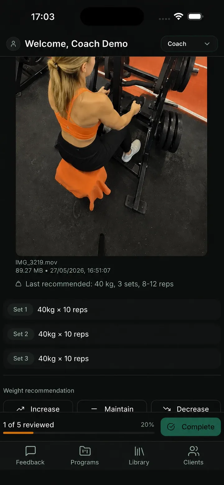 Coach review of a squat video with the next weight recommendation